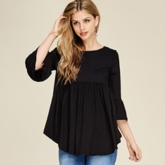 Black 3/4 sleeve baby doll tunic w/ high low sides - Picture 2 of 3